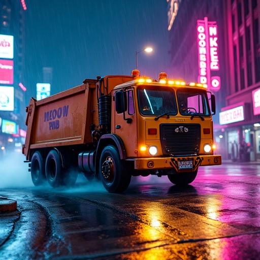 Cinematic shot showcases modified garbage truck in neon city. Rain reflects bright pink and blue lights. Cat in sunglasses drives while crew prepares for action. Pursuing police cars in background.