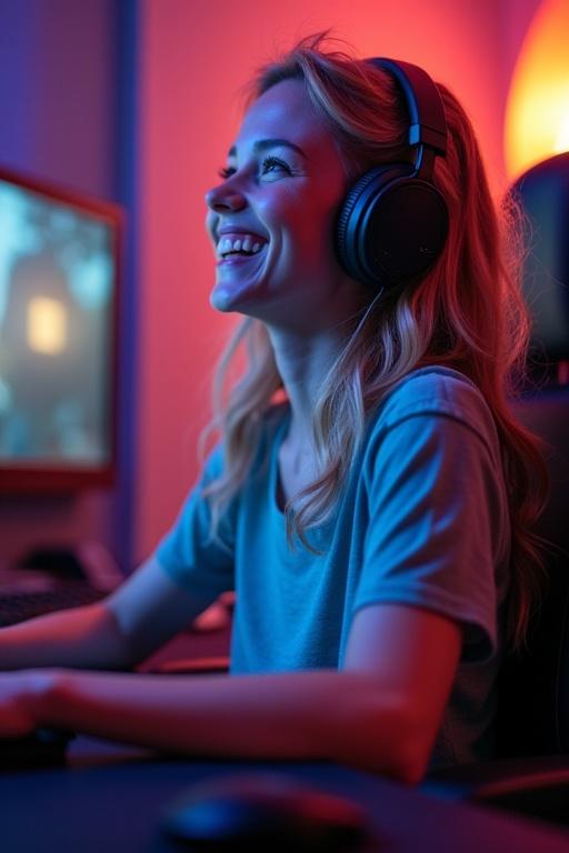 Live streaming scene at a gaming desk. Girl enjoys gaming in a professional gaming chair. She interacts with her computer while laughing. Cool neon colors light the background.