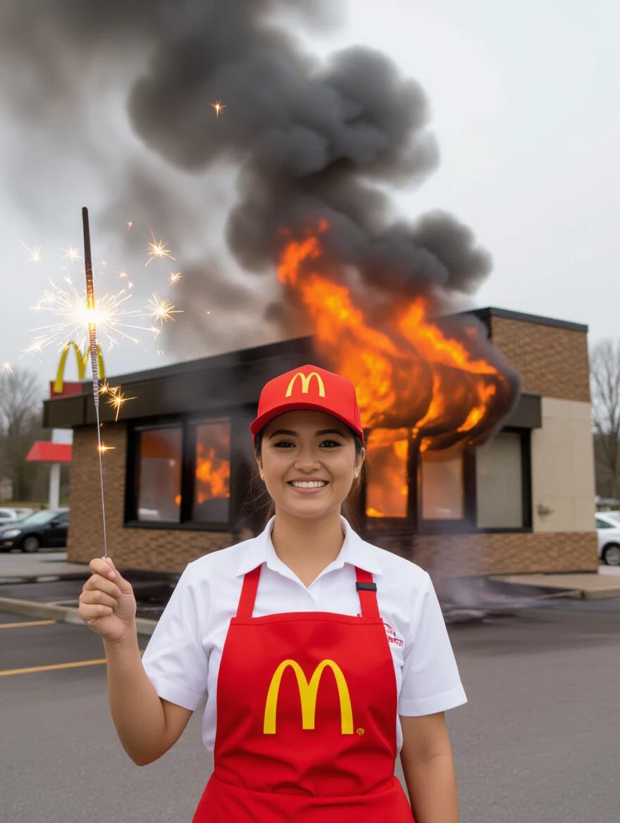 Smiling woman in McDonald's uniform holds sparkler. Behind is a burning McDonald's restaurant. Thick black smoke billows from the roof.