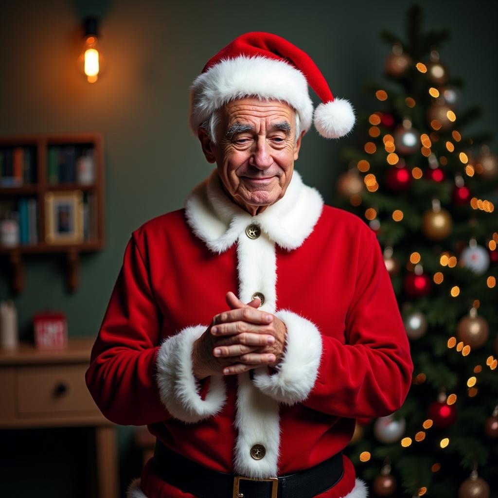 Portrait of a person dressed in a red and white Christmas elf costume. The figure has a slight smile. The background features a cozy setting with warm lighting and festive elements. The focus is on the character and the magical atmosphere of Christmas.