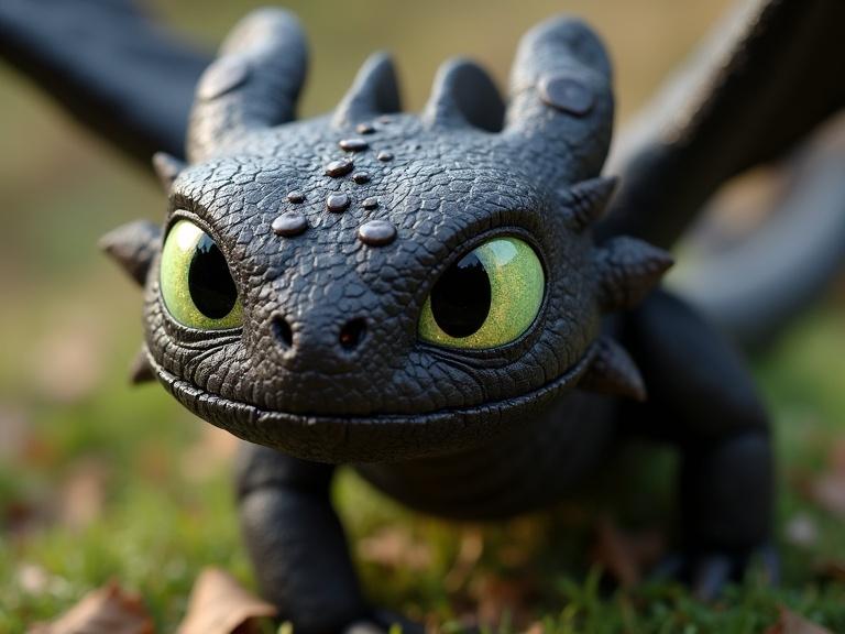 Macrophotography of a dragon figurine inspired by the animated film. Feature realistic textures and vivid colors. The focus is on the dragon's face with its large expressive eyes and unique details.