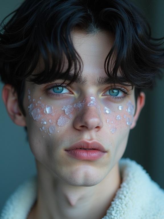 Portrait of a young man with beautiful skin resembling quartz mineral. He has blue eyes and black hair. Focus on facial features and texture.