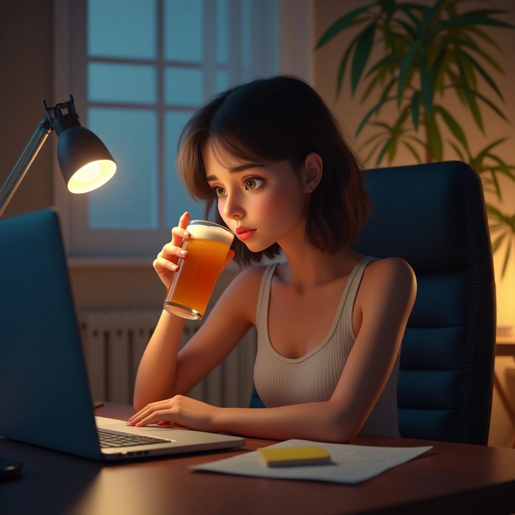 A young woman designer sits at a desk, gazing at her laptop with a tired expression. She holds a glass of beer. The room is softly illuminated. A plant is in the background.