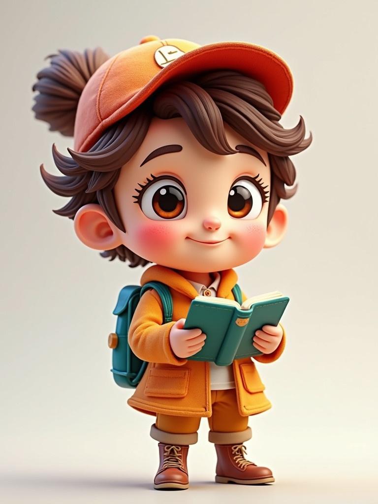 A vibrant 3D educational character with a backpack holding a book. The character has curly hair in a stylish ponytail and wears an orange cap and an orange jacket.