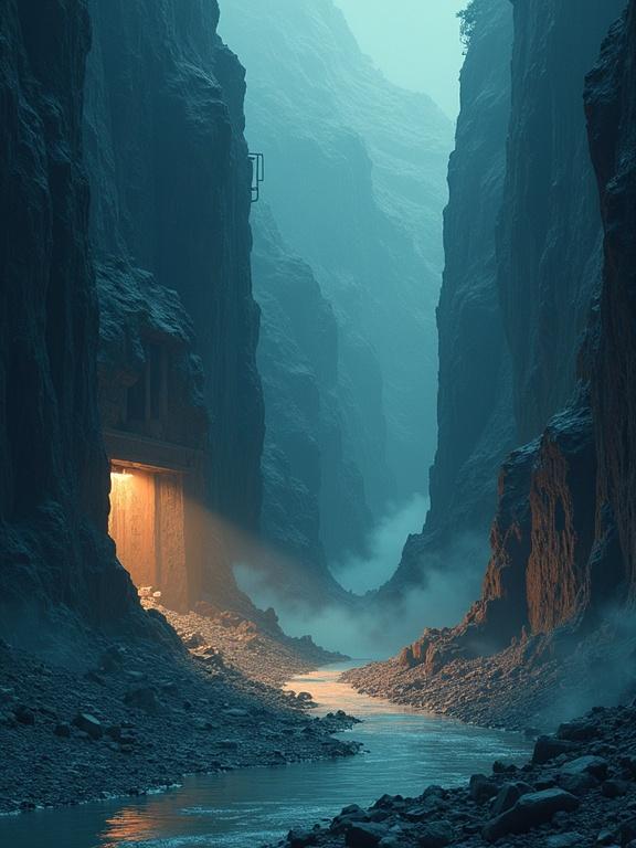 Wallpaper style image depicting a metal mine nestled between towering canyon walls. The scene is inspired by Studio Ghibli's aesthetic. Two-dimensional artwork with a focus on an illuminated mine entrance without any vegetation or living beings.