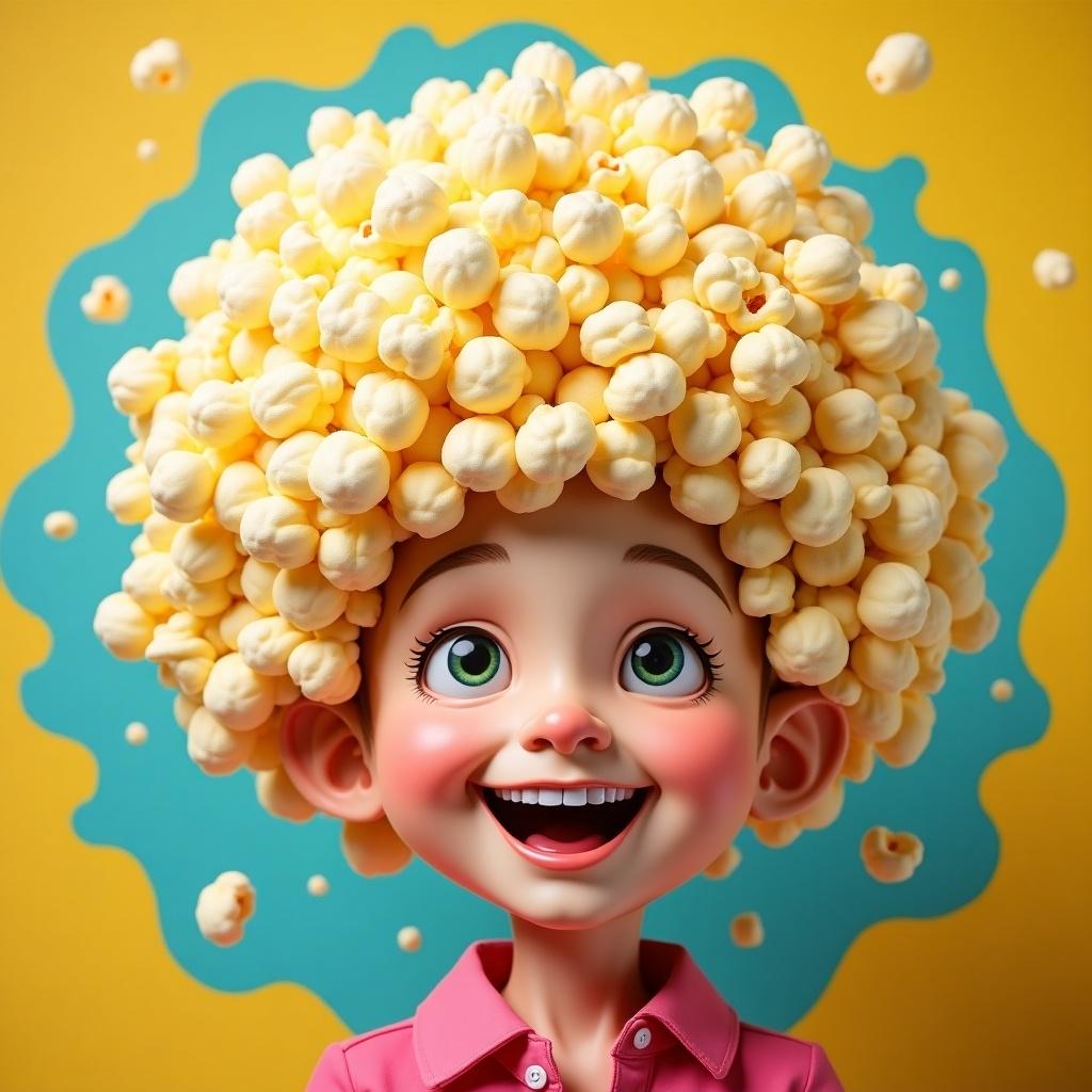 Character with popcorn hair on bright yellow background. Cheery expression with a playful vibe. Cartoon style with exaggerated features. Focused on fun and imagination.