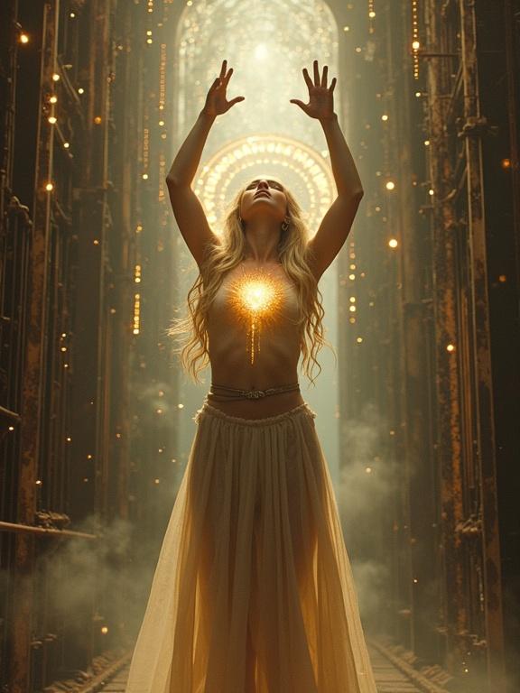Young beautiful tribal blonde woman levitating in center of ancient metallic cathedral surrounded by digital elements. Hands stretched above, eyes glowing white. Chest open revealing glowing synthetic heart. Ethereal light and fog creating a mystical atmosphere.