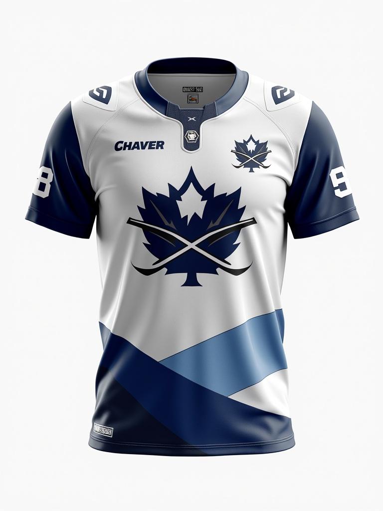 A hockey jersey designed for a team named Ottawa Double featuring a stylized logo. The jersey primarily uses white with shades of blue and black. The logo includes crossed hockey sticks and a maple leaf. The design is modern and dynamic. It displays the team name prominently. The jersey's focus is on logo detail with minimal additional elements.