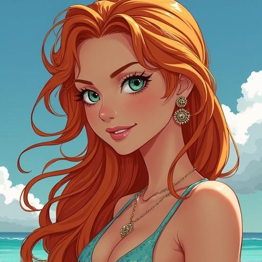 A reimagined version of a young woman inspired by a popular anime character. She has coral-red hair and vibrant turquoise eyes. The background features a sunny beach with white clouds and waves. She wears a bikini and jewelry, striking a playful pose.