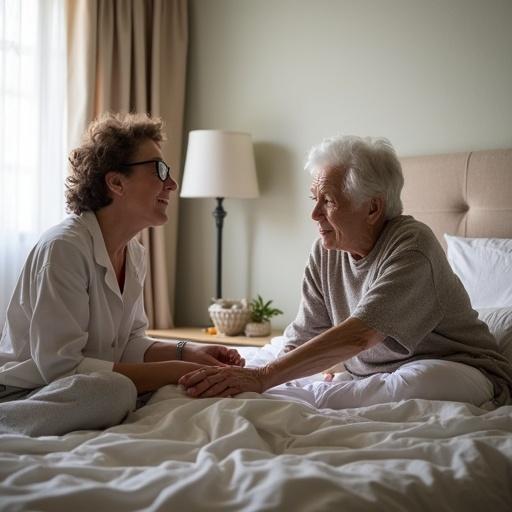 Intimate moment shared between two individuals. One is a caregiver, the other is an elderly person. They seem to be in a calm indoor setting. Both are seated on a bed, sharing a connection by holding hands and smiling at each other.