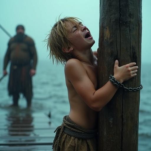 Cinematic still from a mythical fantasy epic film. A germanic boy, 10, with messy blond hair, presses against a wooden piling on a rain-slicked dock. His arms are around the post, wrists shackled. Rain streaks down his face. He wears a loincloth, barechested, skin wet and muddy, with whip marks on his back. A fat merchant stands behind him with a whip. The scene is rainy with muted blues, greys, and earthy browns. Shot with shallow depth of field, raindrops visible on the lens. The image captures cold despair.