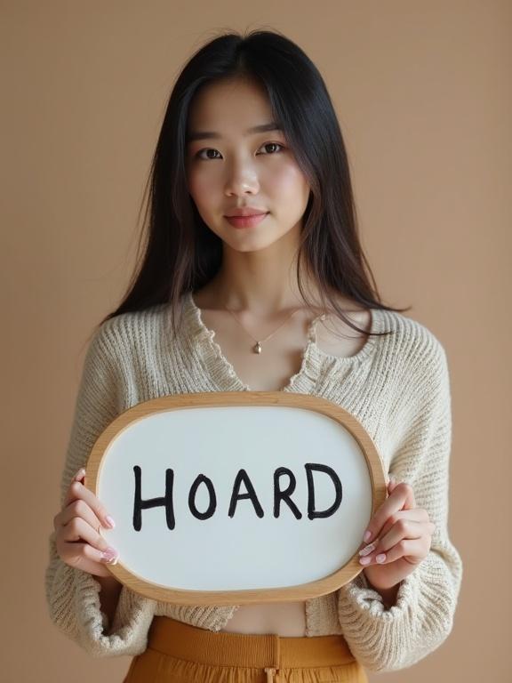 Asian girl holds a board that says 'HOARD'. She has a gentle expression and is wearing a stylish outfit. The background is simple and beige.