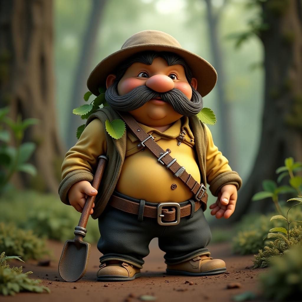 Detailed 3D model of a small round dwarg-like character with a potato-textured body. Character has large bushy moustache, dressed in rustic tattered clothing with floppy hat. Carries small shovel with leaves growing from body. Scene in mystical forest with rich earthy tones and soft diffused lighting.