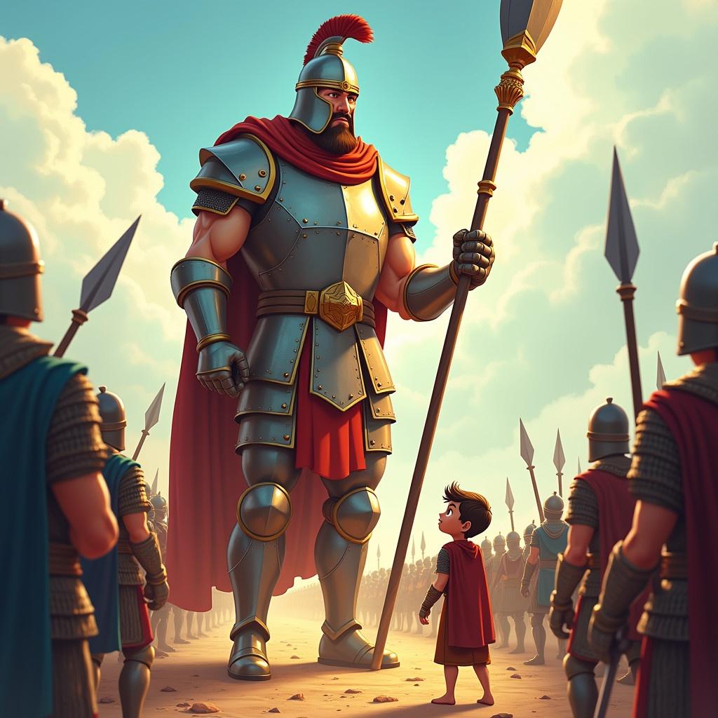 A cartoon illustration shows a towering Goliath clad in gleaming armor. He holds a colossal spear on a sunlit battlefield. Soldiers lined up in rows add scale. David, a young boy in shepherd clothing, stands among the soldiers. The scene captures an intense moment of power and fear.