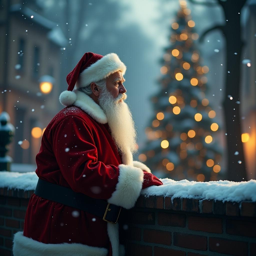 Santa Claus in a red suit looks over a snow-covered wall. Soft warm lights illuminate the scene. A decorated Christmas tree is visible in the background. Snow is falling gently around.