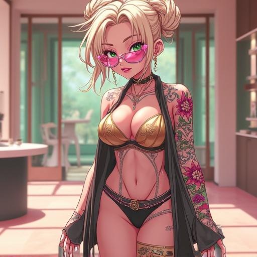 Anime character in a luxurious modern store. Woman with emerald green eyes. Elegant light blonde French bun hairstyle. Wearing pink diamond jewelry and glasses. Features colorful tattoos. Cybernetic right leg. Stylish fishnet printed shirt. Shiny short shorts. Modern luxurious environment. Summer morning atmosphere.
