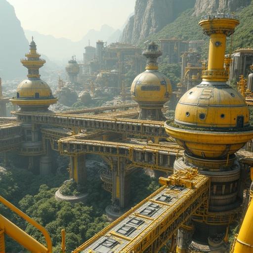 sprawling futuristic industrial city with massive structures. predominantly yellow and grey color scheme, spherical elements, solar panels, pipes, and gantries. integrated greenery with complex dense architecture. slight blur or tilt-shift effect. concept art for a sci-fi world.