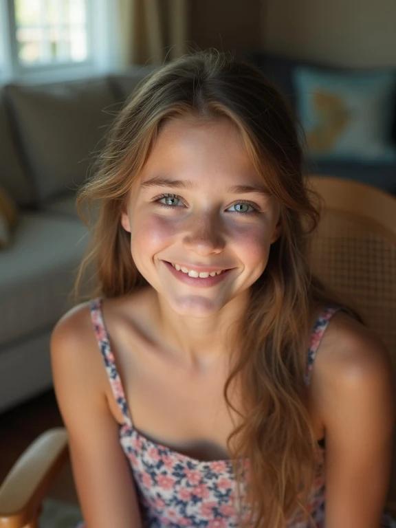 Full frame photo of a girl sitting in a chair in a living room. She is wearing a mini sundress and has a shy flirt smile. The background is softly blurred, showcasing a cozy living area.