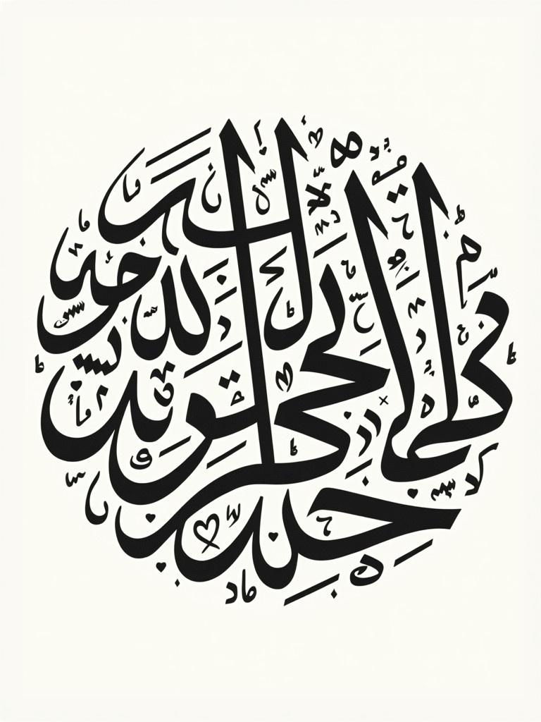 Arabic calligraphy features names أحسن عملا in a circular shape. Design fills the area and emphasizes the script's beauty.