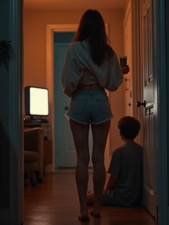 A young woman in lounge clothes carries a cup of cocoa into a dimly lit room. Her brother sits on the floor, focused on his game. The warm light from the hallway outlines her legs and hips, creating a suggestive vibe.