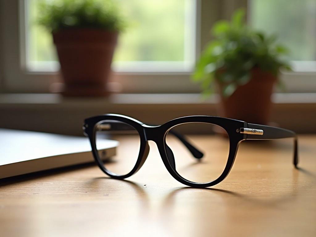 The image showcases a pair of stylish eyeglasses placed neatly on a wooden table. The eyeglasses are black and have a contemporary design, making them suitable for various occasions. In the background, there's a small green plant in a pot, adding a touch of life to the setting. The natural lighting highlights the glasses' features, creating a warm and inviting atmosphere. This composition emphasizes the elegance of eyewear as an essential accessory.