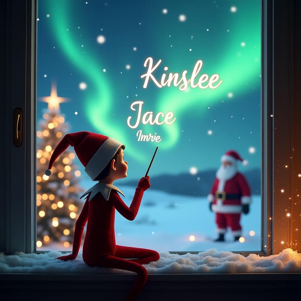 Elf on the shelf gazing at magical sky. Writing names Kinslee Jace Imrie in air with wand. Northern lights illuminate landscape. Christmas tree sparkles. Santa in distance. Snow covers window ledge. Cozy festive atmosphere.