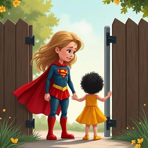 Caricature style image with a girl of 6 years old with dark blonde hair in a superwoman costume saving a 1-year-old baby with black hair in a yellow dress. Baby is at a closing gate.