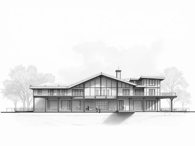 Architectural drawing illustrates elevation and section views of a modern building created in AutoCAD. The drawing displays detailed lines and structures with a focus on architectural features.