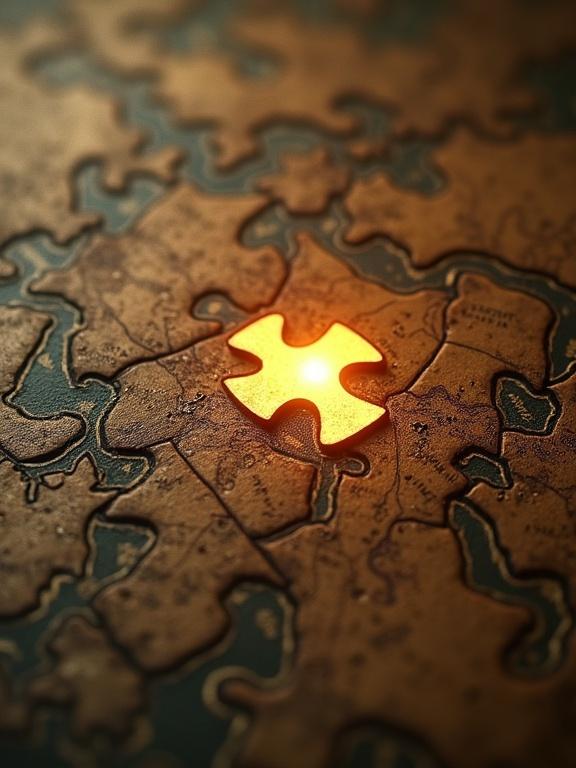 Close-up of an ancient map as a jigsaw puzzle with a missing piece in the center. Golden light shines from the empty spot. The scene is highly detailed and cinematic, with realistic lighting.