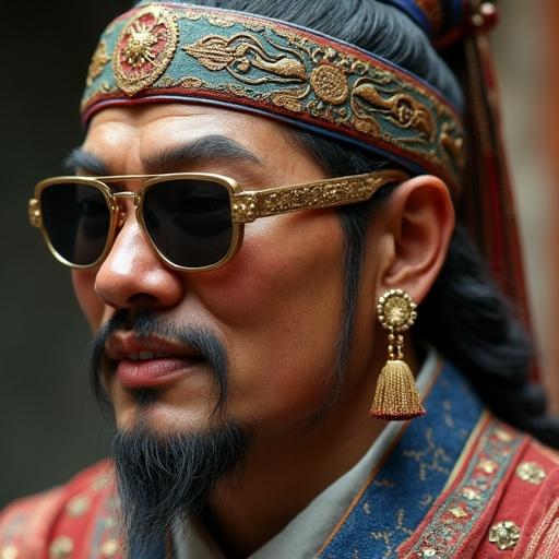 Closeup shot of an ancient Chinese figure wearing stylish sunglasses. Focus on facial features and attire details.