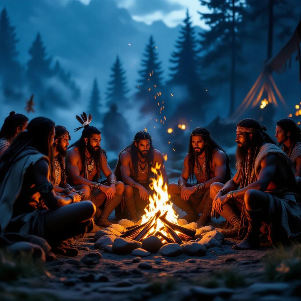 Gathering of ancient tribes around a fire. Members share stories and songs. Setting is a forest at night with a glowing campfire. Hyper-realistic image with cinematic quality. 8K resolution.