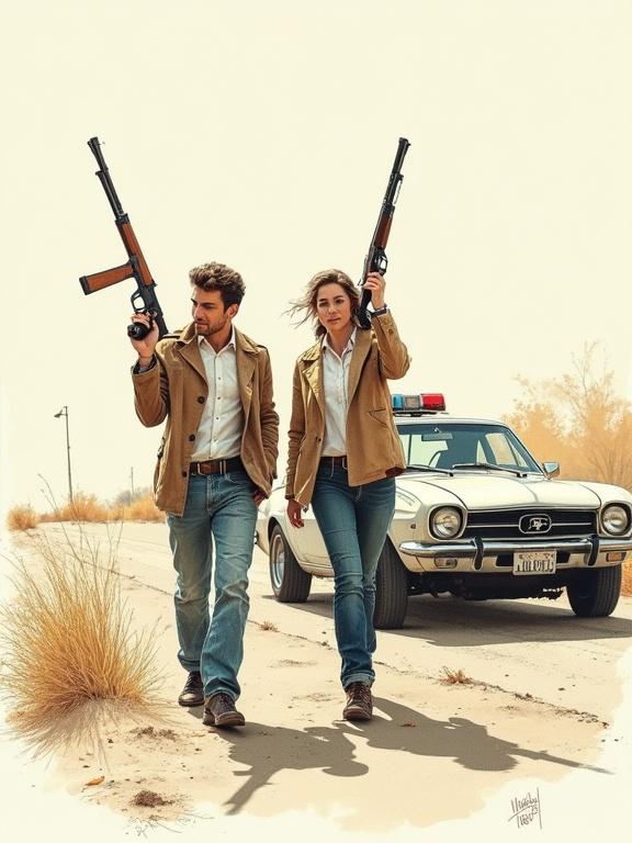 Couple holds shotguns facing forward next to a vintage car. Natural landscape around. Police presence suggested. Hand-drawn illustration style. Expressive lines and subtle shading. Organic composition. Vintage aesthetic. Color palette is natural with soft watercolor touches.