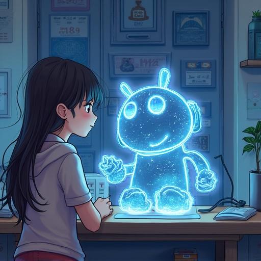 Design a friendly AI character that blends technology with a cute concept. Features rounded shapes with soft curves for appeal. Incorporate digital elements like circuit patterns. Design large eyes and unique ears for personality. Add accessories like headphones or a tablet for a tech vibe.