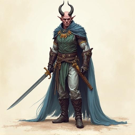 Full-length illustration of a male tiefling paladin with horns. Character wears charm and chainmail. Holds a long sword. Wears platte pants. Displays an intense expression. Incorporates colored pen style. Features visible pencil strokes and paper texture. Matte shading gives a non-photorealistic look. Soft cel shading and lighting enhance artistic depth.