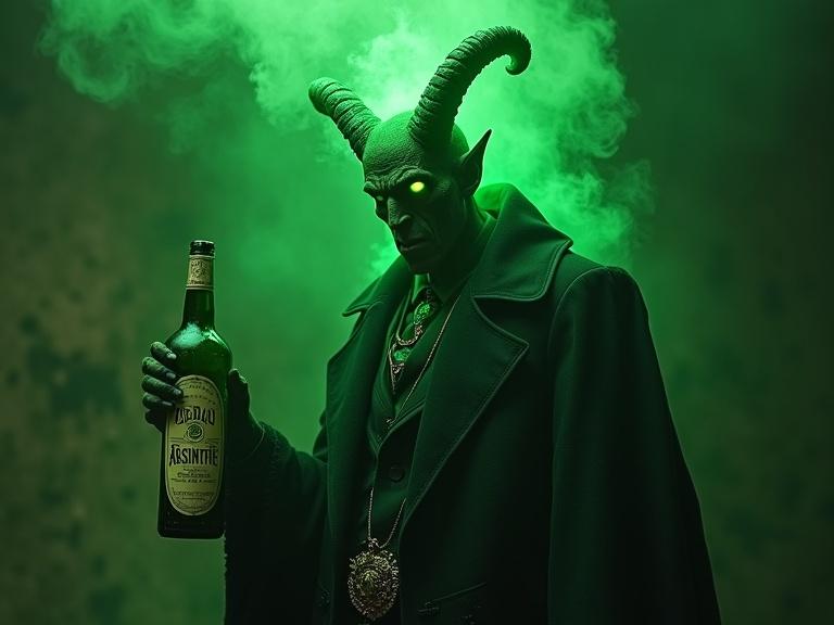 A green demon representing absinthe holds a bottle labeled absinthe in vintage letters. Toxic green clouds surround the figure. His eyes glow green and he appears undead. Horns are removed for a more haunting look.