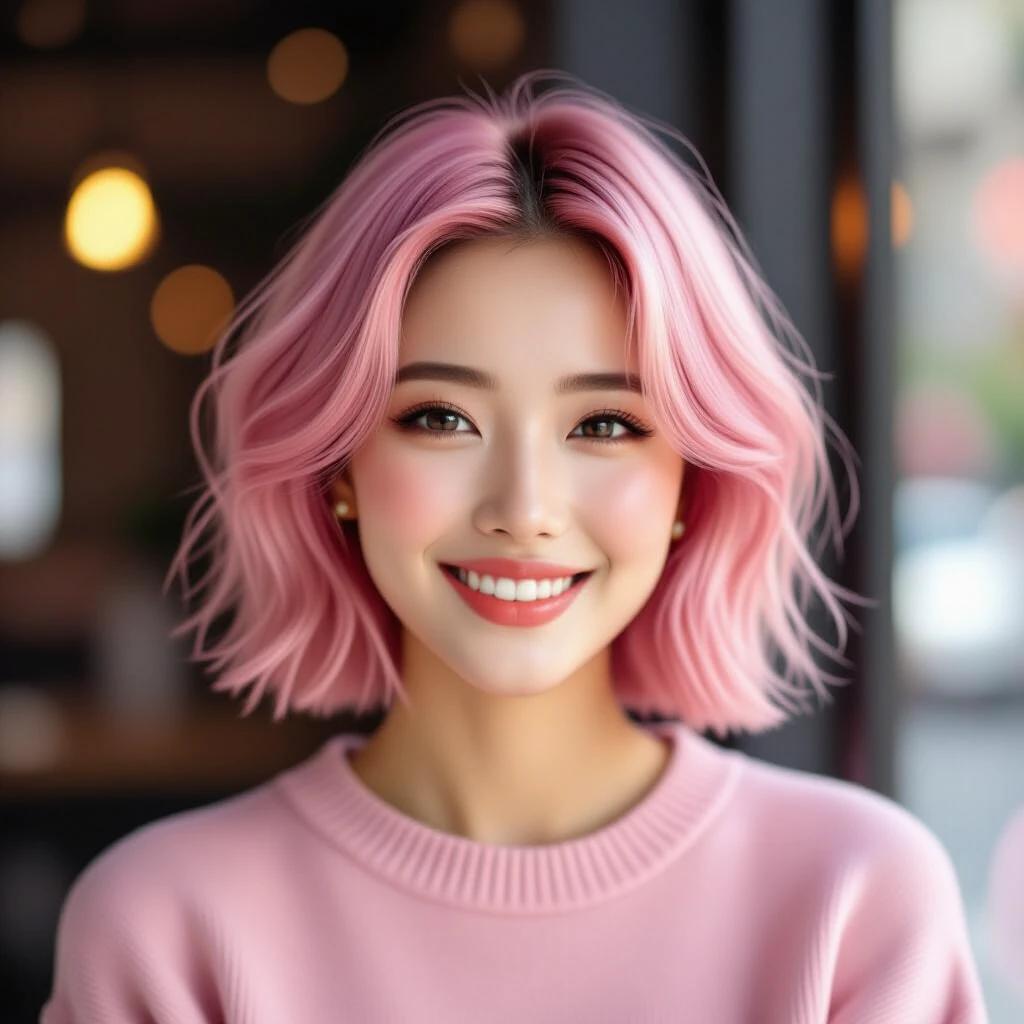 Closeup shot of an Asian lady smiling. She has short pink hair. The setting has soft pinky color tones and a strawberry theme. The focus is on her hair and expression.