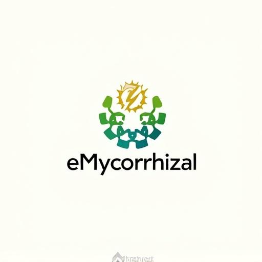 Emblem-style logo for the company eMycorrhizal. Fusion of technology and nature. Abstract geometric design including a sunburst and lightning bolt. Branching root systems in a circular pattern. Text eMycorrhizal beside the emblem. Soft leaf green for e and deep electric blue for Mycorrhizal. Dynamic and energetic feel. Suitable for tech and energy sectors. Controlled modern branding style.