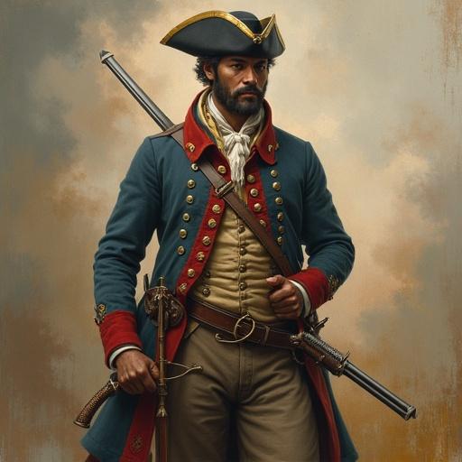 An American Revolution era painting depicts a monster hunter in traditional attire. The soldier wears a blue and red coat carrying a cavalry saber and flintlock pistols and stands confidently with a stern expression.