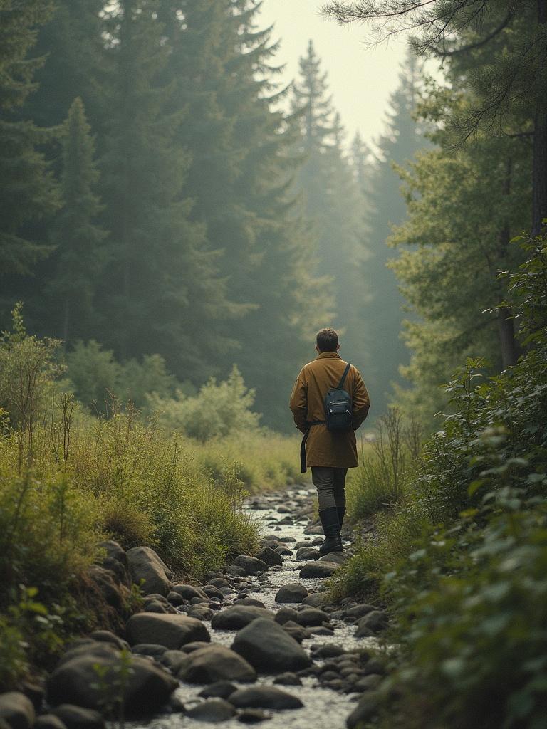 A person with a backpack walking along a rocky stream in a dense forest. The scene is serene with trees surrounding the pathway. The lighting is soft and calming. The person wears a brown coat and appears contemplative.