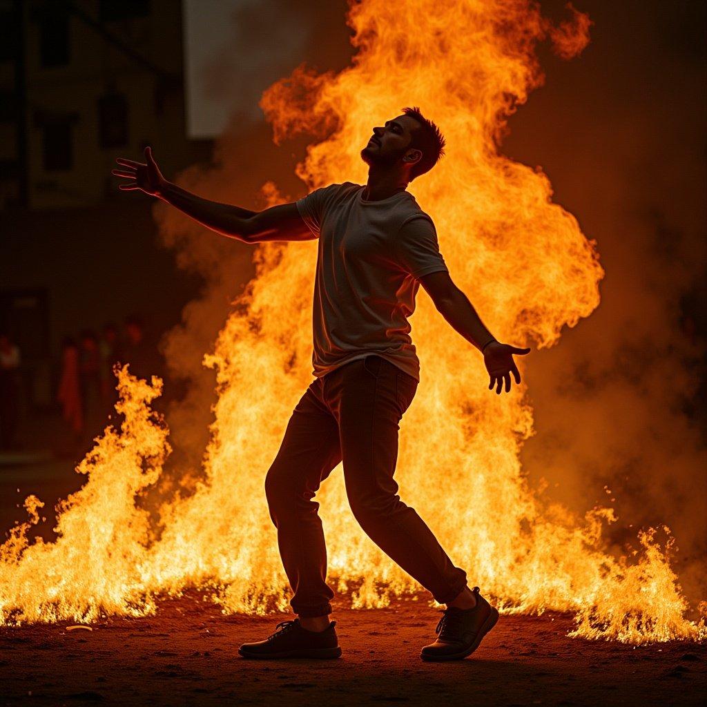 Image of a man dancing surrounded by flames. The scene conveys movement and energy, with vivid flames as a dramatic backdrop.