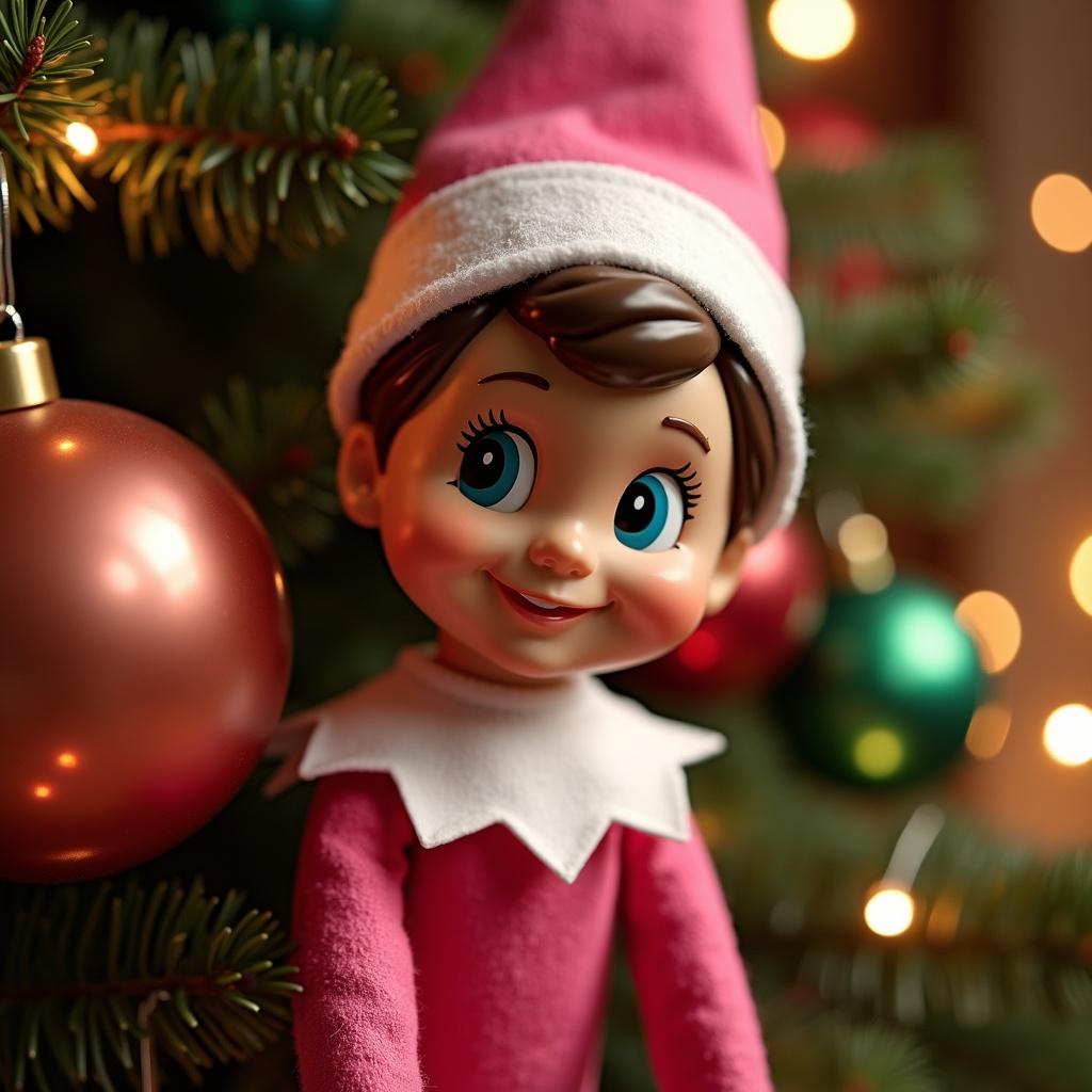 The image features a cheerful elf on the shelf named Ophelia, dressed in a pink outfit with a white collar and hat. Surrounding Ophelia are festive decorations, creating a warm holiday atmosphere. The elf’s sparkling eyes and friendly smile evoke feelings of joy and nostalgia. Soft lighting highlights the vibrant colors of the decorations, including shiny ornaments and greenery. This scene captures the essence of Christmas spirit and playful childhood memories.