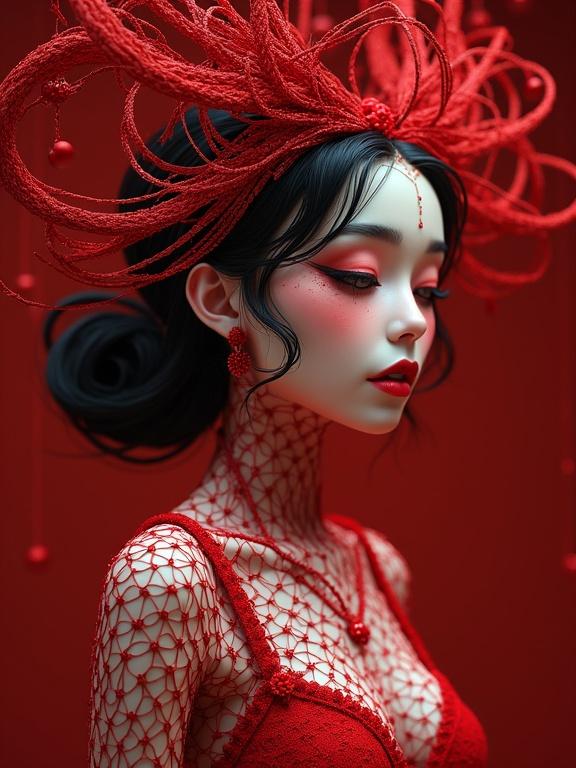 3D artwork featuring a woman with a V-shaped headpiece made of red strings. Supermodel in red outfit. Hyper-detailed features and zentangle patterns. Presented in high resolution.