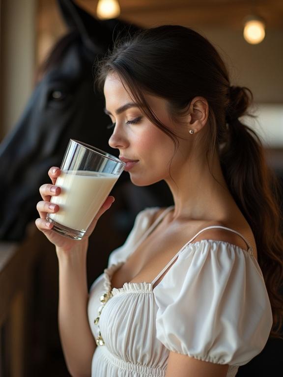 A beautiful woman holds a glass of thick white cream. In the background, there is a black horse. The setting is a breeding farm. She has a large bust and wears a stylish neckline dress. She is drinking the cream with elegance.