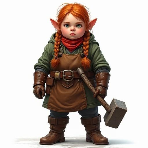 Character reference of a female dwarf in a semi-realistic style in front view standing in A-pose. The dwarf has ginger braided messy hair and green eyes. She has beautiful facial features, thick lips, a serious yet sweet expression, and is short and curvy. She wears leather boots, gloves, a head kerchief, and a leather apron while holding a big hammer.