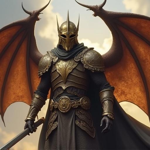 A Dragonborn paladin character standing majestically. Bronze armor glints in the sunlight. Two large dragon wings are behind him. No helmet is worn. A sword is in hand. Dramatic sky at the background.