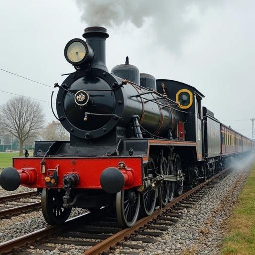 A heavy steam locomotive on railway tracks. The train features a classic design with visible steam. The scene is set outdoors with an overcast sky.