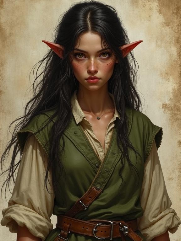 Digital artwork of a halfling character with long dark hair and pointed ears. Features a sly expression with freckles and brown eyes. The background resembles worn parchment paper.