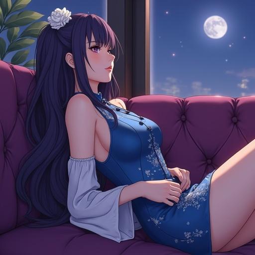 Beautiful anime character on a purple sofa. Character inspired by Hitagi Senjougahara. Long dark purple hair over shoulders. Wearing blue cheongsam dress with floral patterns. Sheer white sleeves and a white rose accessory in hair. Scene set in a retro coffee shop at night. Bright moon visible outside the window. Warm lighting creating an inviting atmosphere. Intricate details in anime style.