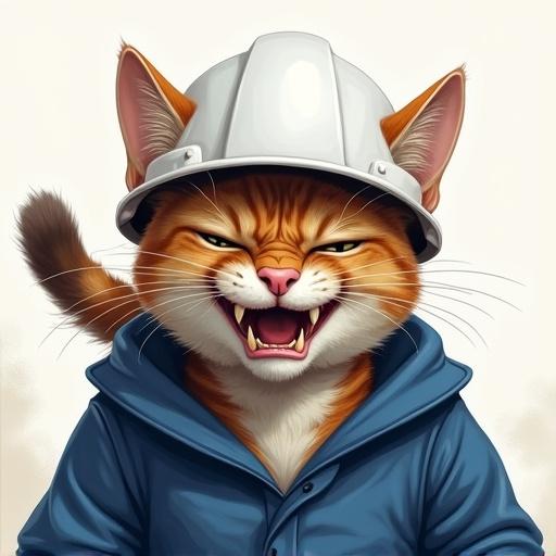 A semi-realistic cat wearing a white hard hat and blue work jacket with an angry expression and narrowed eyes. The cat has furrowed brows, flattened ears, and bared teeth, with a fluffed-up tail.