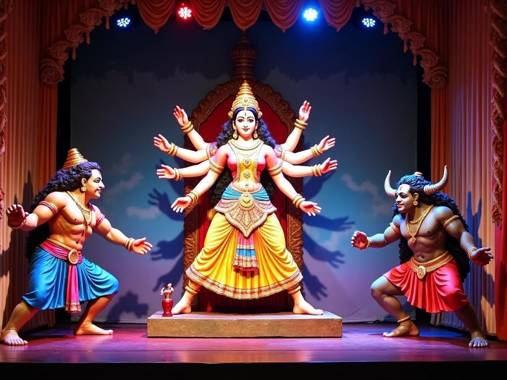 The image shows a vibrant stage setup for a traditional Indian festival. In the center, there is an idol of a goddess with multiple arms, symbolizing power and divinity, surrounded by other deities. The goddess is depicted in colorful attire, with intricate jewelry and a crown. On her right is an idol of a powerful warrior figure, possibly representing a demon or opponent. The stage is adorned with lights and drapery, enhancing the festive atmosphere.